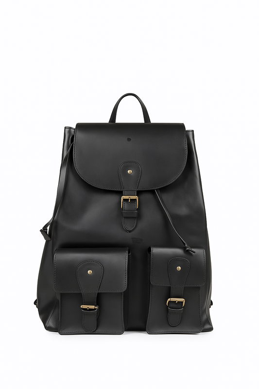 Black Leather Backpack – Classic Drawstring Rucksack with Dual Front Pockets by Marten Craft