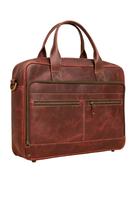 Brown Leather Office Briefcase – Classic Zipper Laptop Bag with Handles by Marten Craft