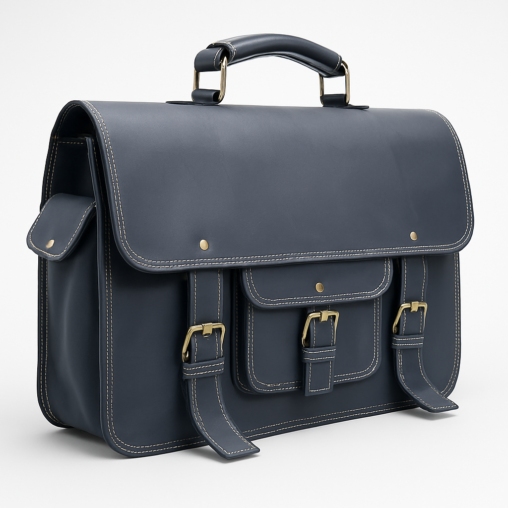 Black Leather Briefcase – Classic Double Buckle Satchel Bag for Work & Business by Marten Craft
