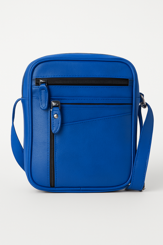 Blue Leather Crossbody Sling Bag – Multi-Pocket Travel Organizer by Marten Craft